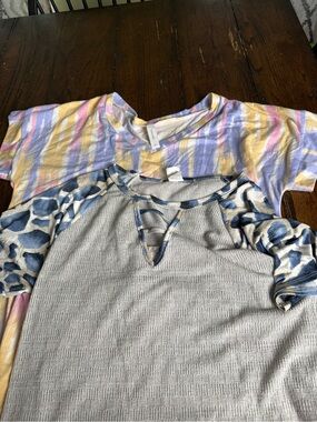 Two Casual Women’s Tops - Pastel Tie-Dye & Gray‎ Leopard Raglan M/L